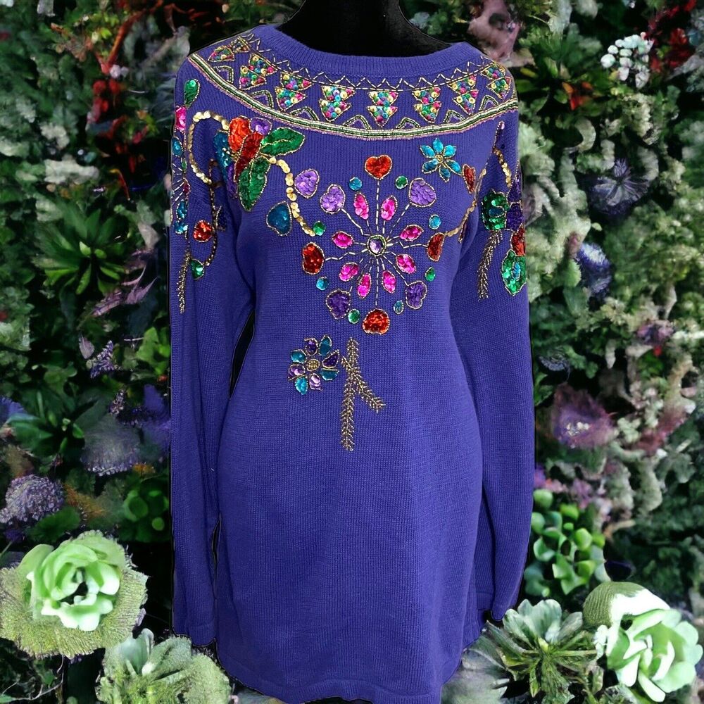 Vintage SML Sport LTD Tunic Sweater Women's Medium Purple Sequin Beaded Glam 80s